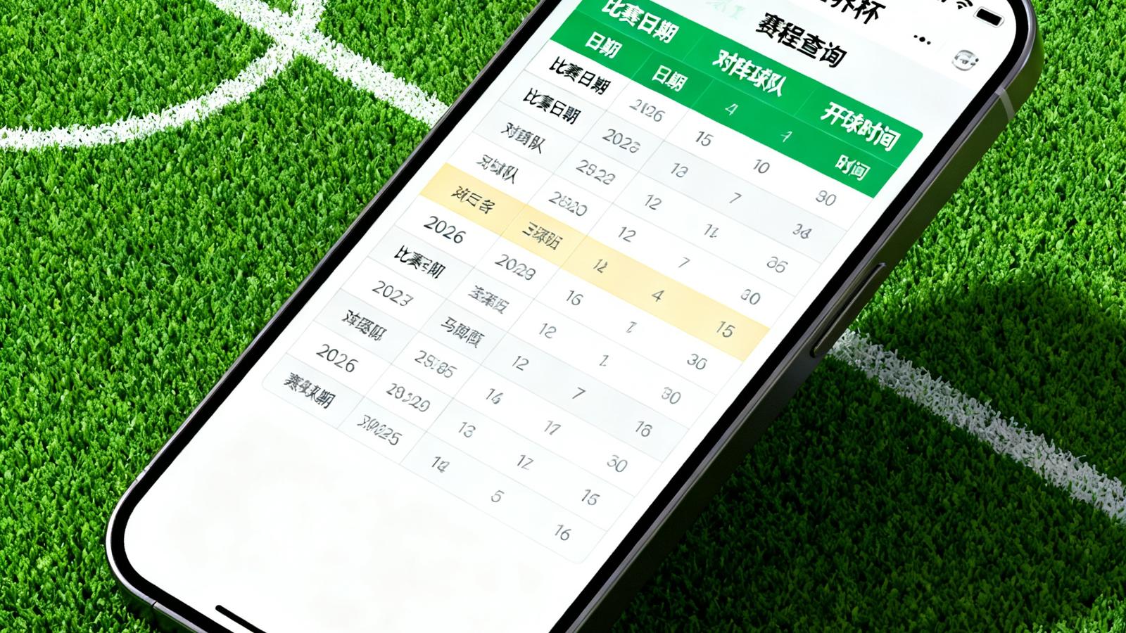 智能手机屏幕上展示着2026世界杯赛程查询界面，清晰的表格列出了比赛日期、对阵球队和开球时间，背景是绿色球场纹理